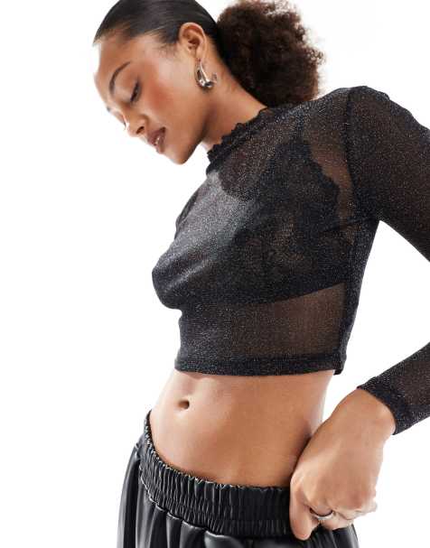 JJXX long sleeve mesh top in black glitter - view 1