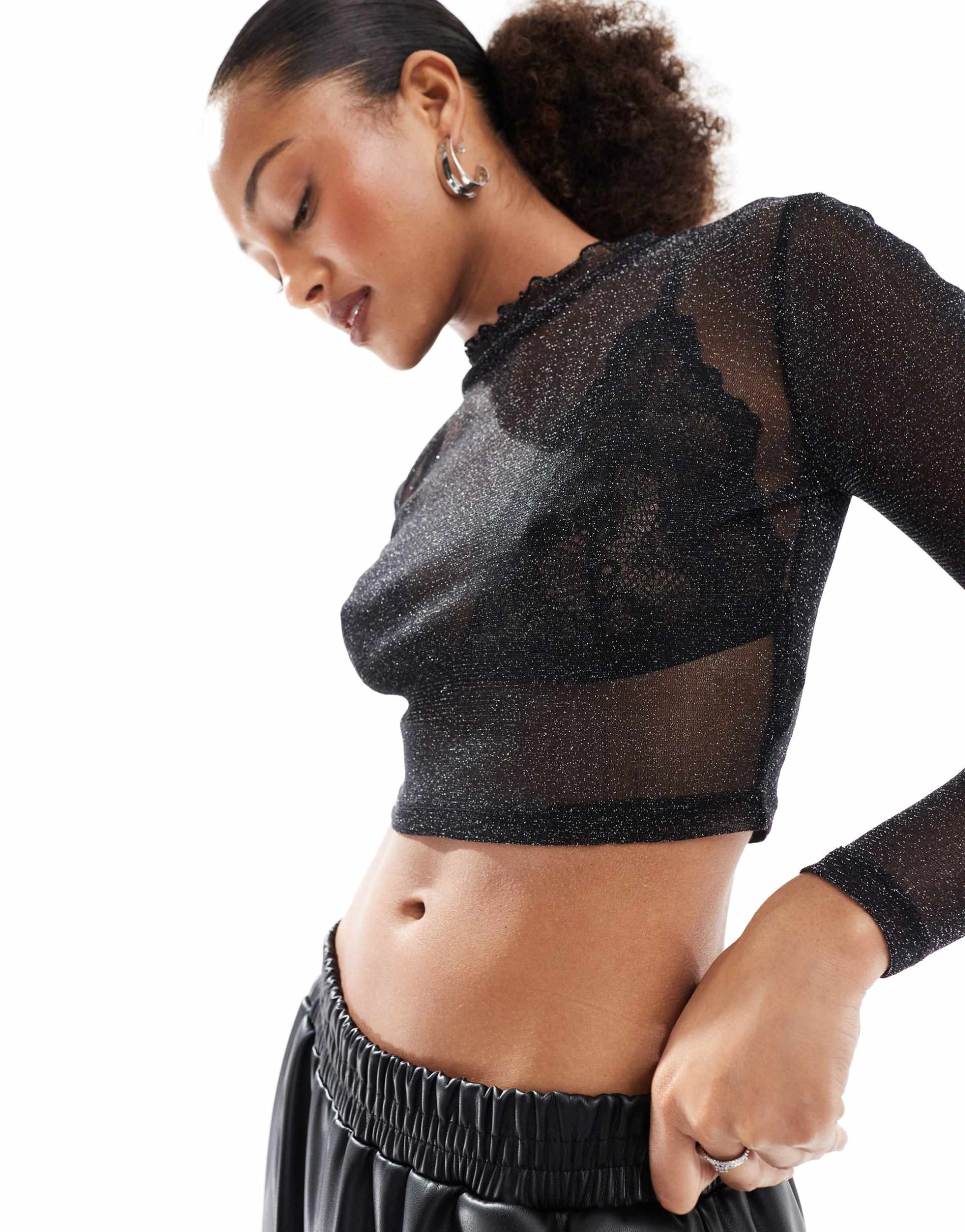 jjxx long sleeve mesh top in black glitter
