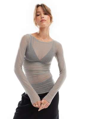 JJXX long sleeve mesh top in rhinestone grey