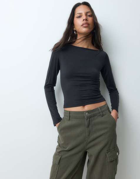 JJXX long sleeve off shoulder asymmetric top in black - view 1