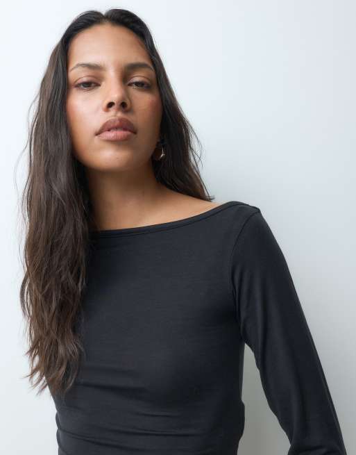 JJXX long sleeve off shoulder asymmetric top in black, 3 of 5