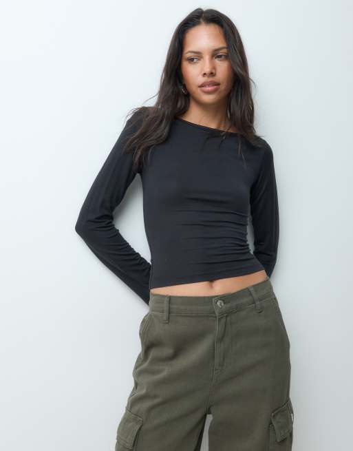 JJXX long sleeve off shoulder asymmetric top in black, 4 of 5
