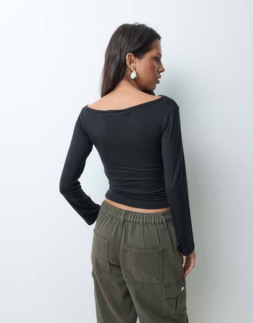 JJXX long sleeve off shoulder asymmetric top in black, 5 of 5