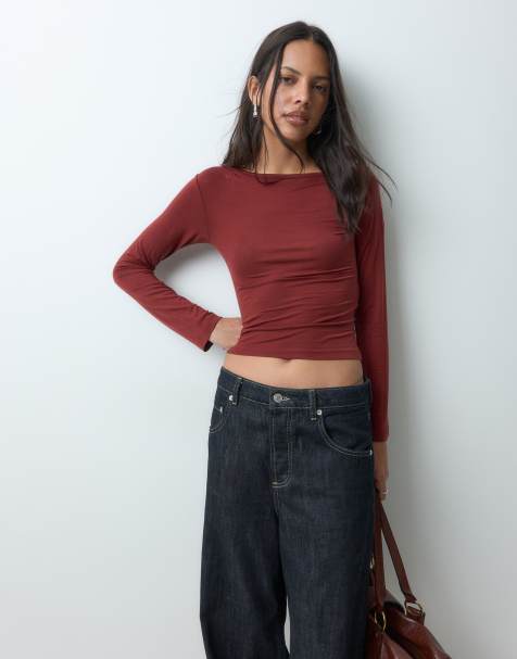 JJXX long sleeve off shoulder asymmetric top in deep brown - view 1