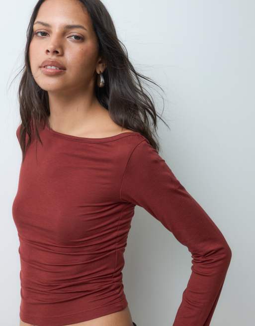 JJXX long sleeve off shoulder asymmetric top in deep brown, 2 of 5