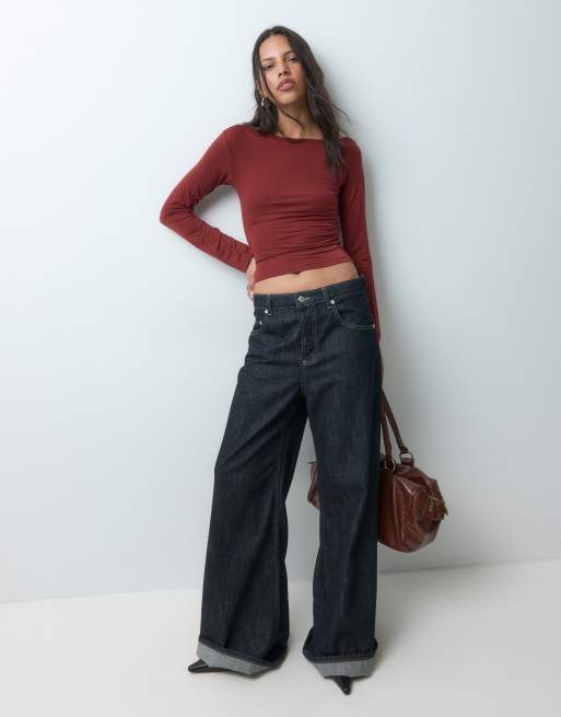 JJXX long sleeve off shoulder asymmetric top in deep brown, 3 of 5