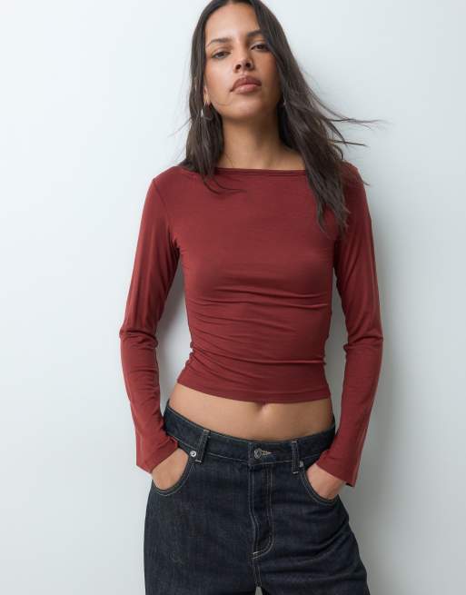 JJXX long sleeve off shoulder asymmetric top in deep brown, 4 of 5