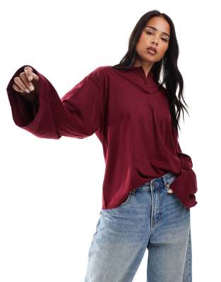 long sleeve polo in burgundy-Red