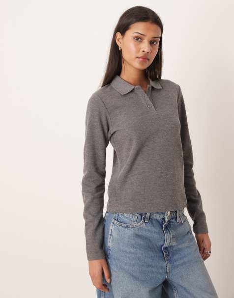 JJXX long sleeve polo top in grey - view 1