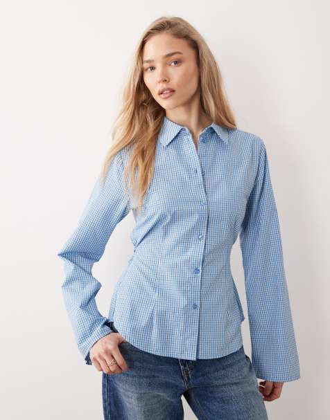 JJXX long sleeve poplin shirt with tie detail in blue check - view 1