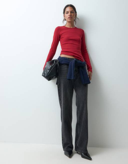 JJXX long sleeve rib tee in red, 2 of 5