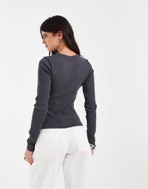JJXX long sleeve ribbed top in dark grey, 3 of 4