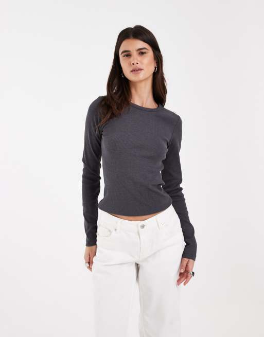 JJXX long sleeve ribbed top in dark grey, 4 of 4