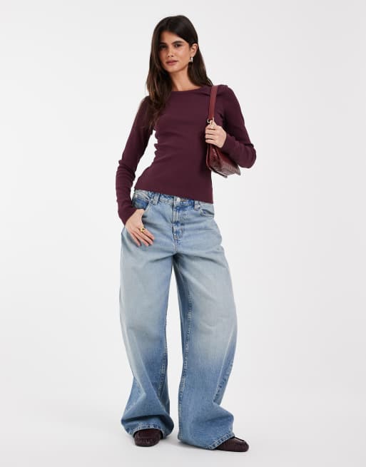 JJXX long sleeve ribbed top in deep burgundy, 4 of 4