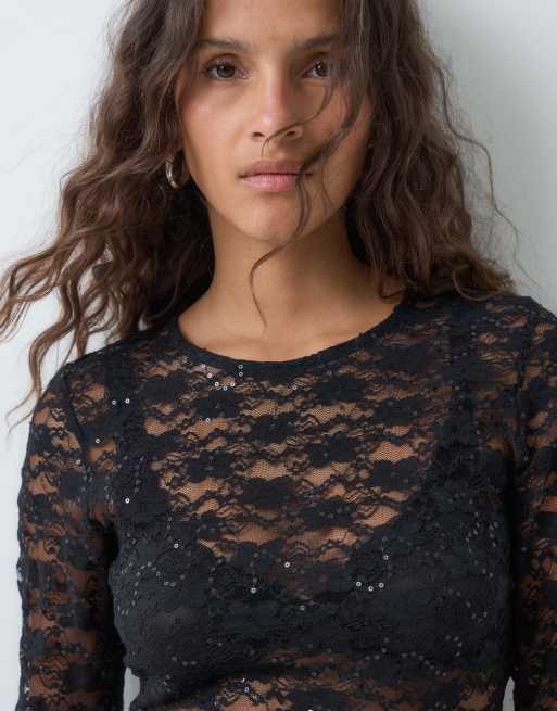 JJXX long sleeve sequin lace top in black, 2 of 5