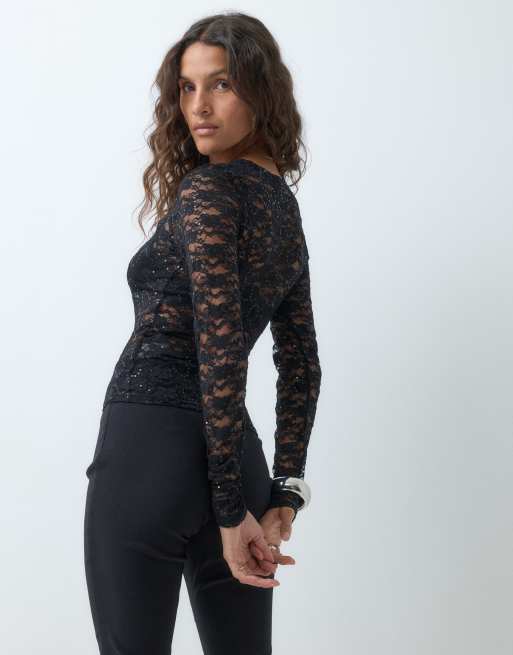 JJXX long sleeve sequin lace top in black, 4 of 5