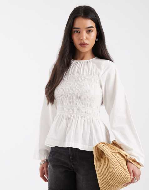 JJXX long sleeve shirred top in white - view 1