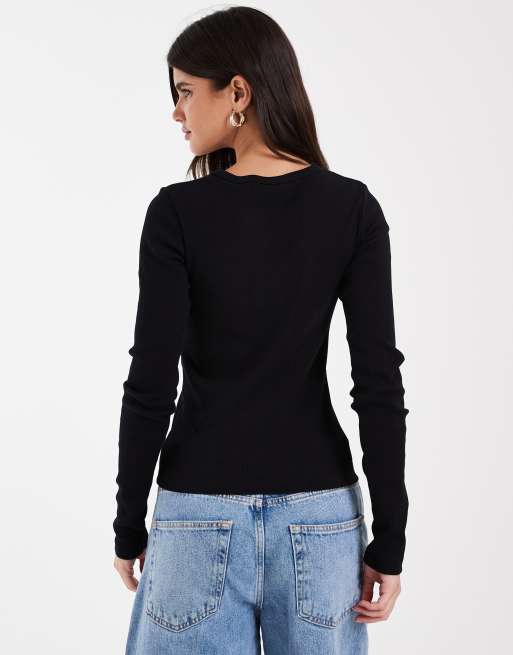 JJXX long sleeve v-neck ribbed top in black, 3 of 4