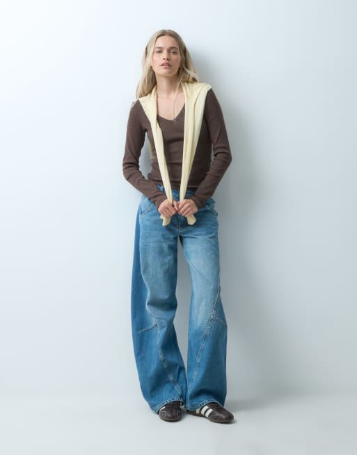 JJXX long sleeve v-neck ribbed top in brown, 2 of 4