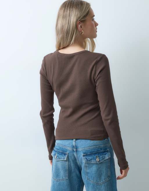 JJXX long sleeve v-neck ribbed top in brown, 3 of 4
