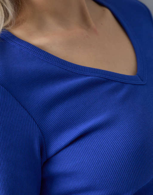 JJXX long sleeve v-neck ribbed top in navy, 3 of 4
