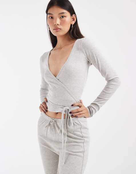 JJXX long sleeve wrap top in light gray - part of a set - view 1
