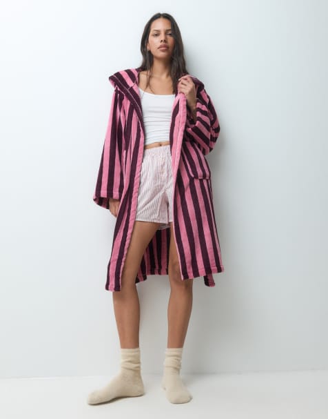 JJXX long stripe dressing gown in burgundy and pink - view 1