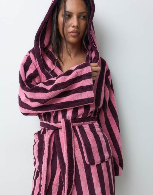 JJXX long stripe dressing gown in burgundy and pink, 2 of 5