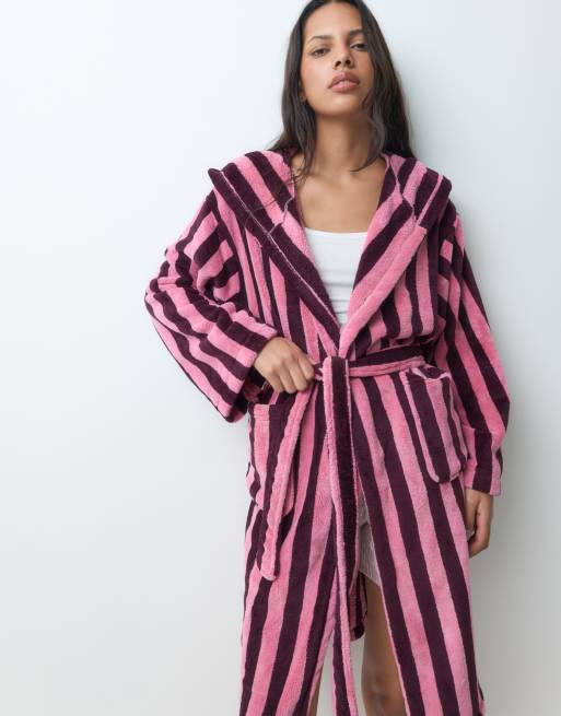 JJXX long stripe dressing gown in burgundy and pink, 3 of 5