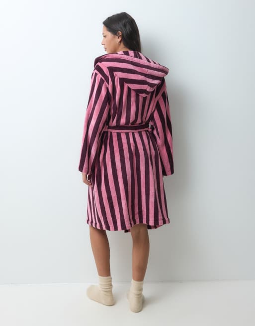 JJXX long stripe dressing gown in burgundy and pink, 4 of 5