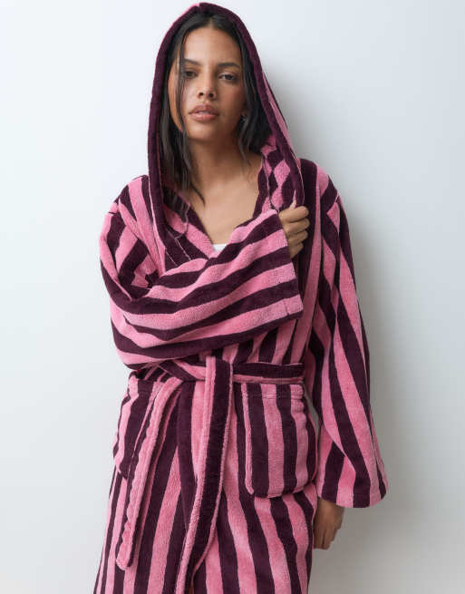JJXX long stripe dressing gown in burgundy and pink, 5 of 5