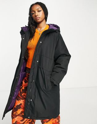 JJXX longline parka contrast hood coat in black | ASOS