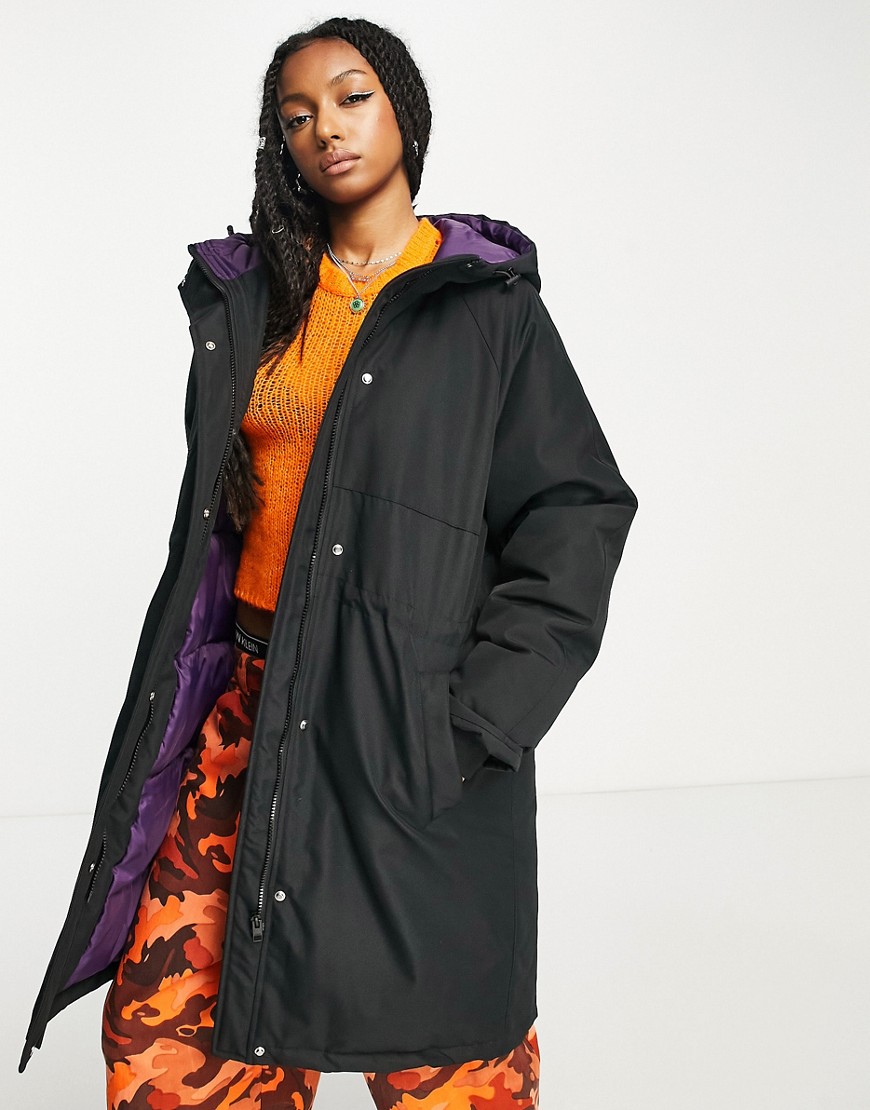 JJXX longline parka contrast hood coat in black
