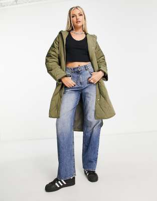 JJXX longline quilted hooded coat in khaki - ASOS Price Checker
