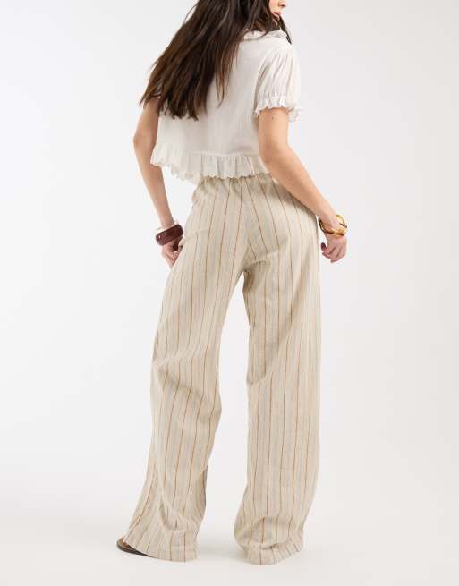 JJXX - Losse gestreepte broek van linnenmix in beige, 5 van 5