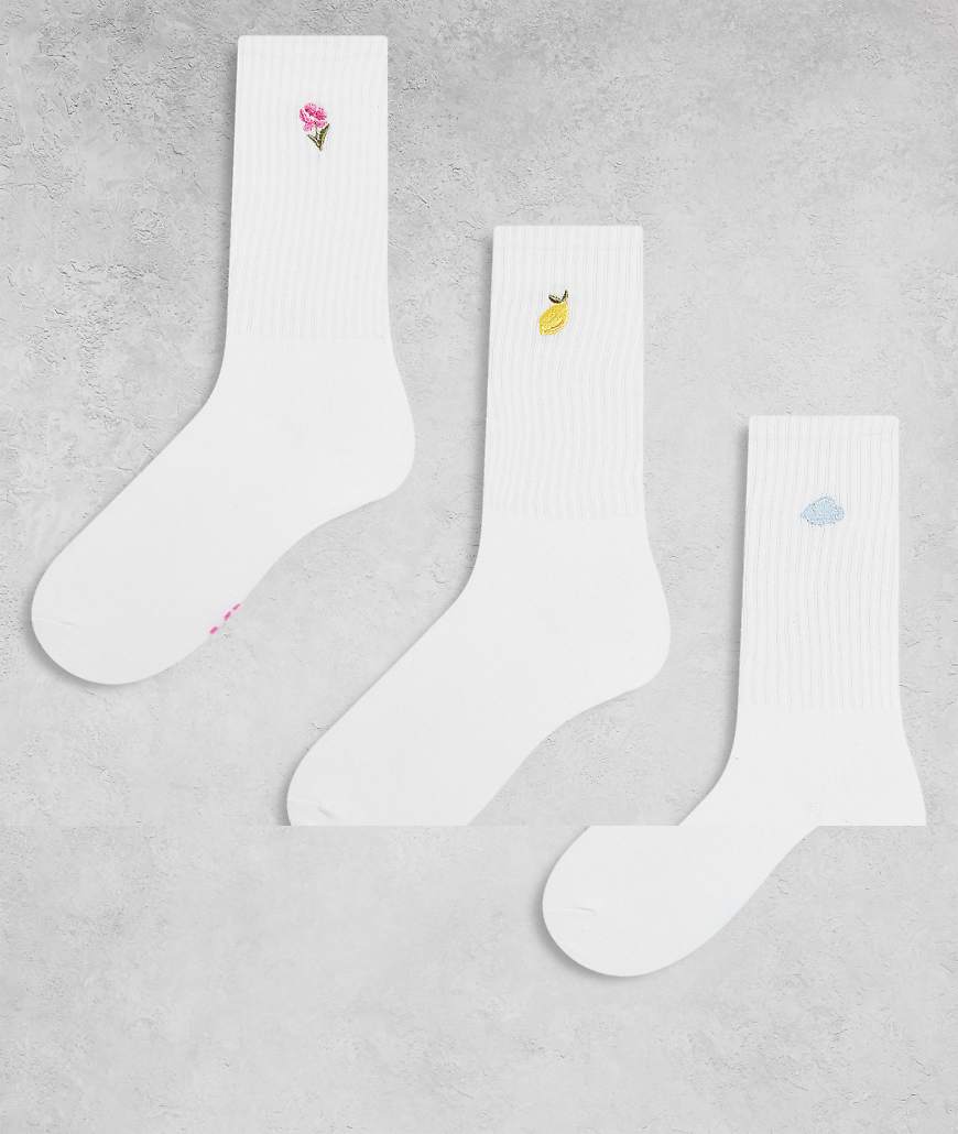 Lot de 3 paires de chaussettes à broderies - Blanc One Size