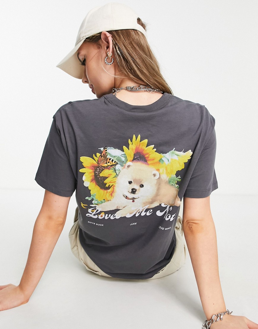JJXX 'Loves Me Not' dog design T-shirt in charcoal-Gray