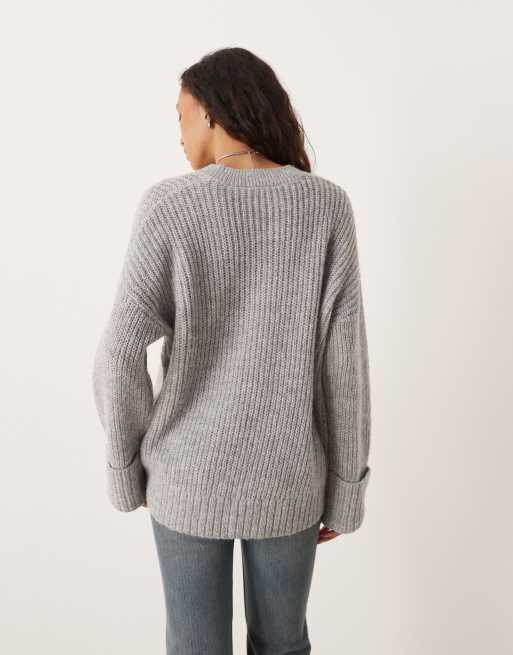 JJXX - Lysegrå oversized striktrøje med ærmer med opsmøg, 2 af 4