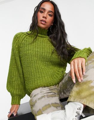 JJXX chunky knit high neck jumper in lime - ASOS Price Checker