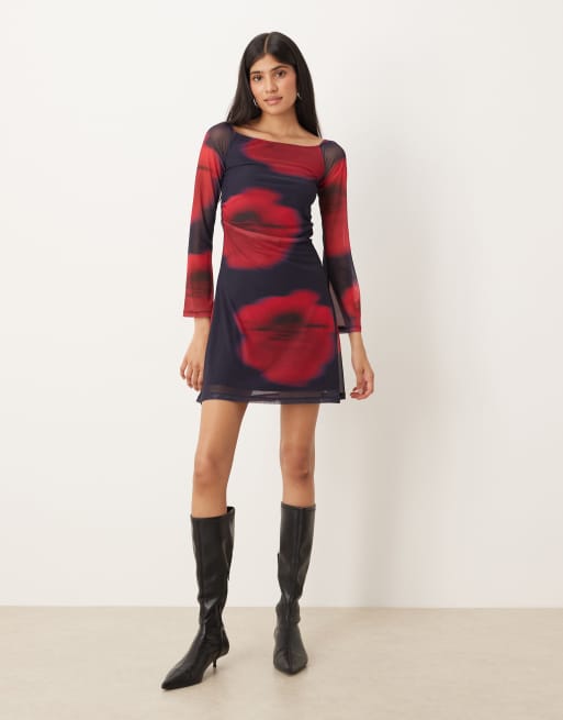 JJXX – Marinblå, blommig klänning med långa ärmar i mesh, 3 av 4