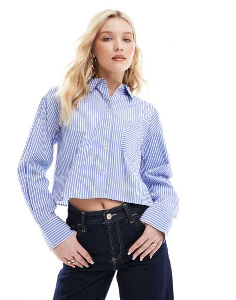JJXX - Marineblå oversized cropped skjorte med striber - view 1