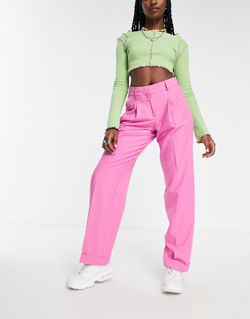 JJXX Mary tailored wide leg dad trousers in bright pink