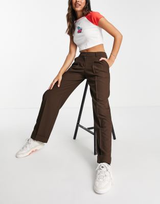 JJXX Mary tailored wide leg dad trousers in brown - ASOS Price Checker