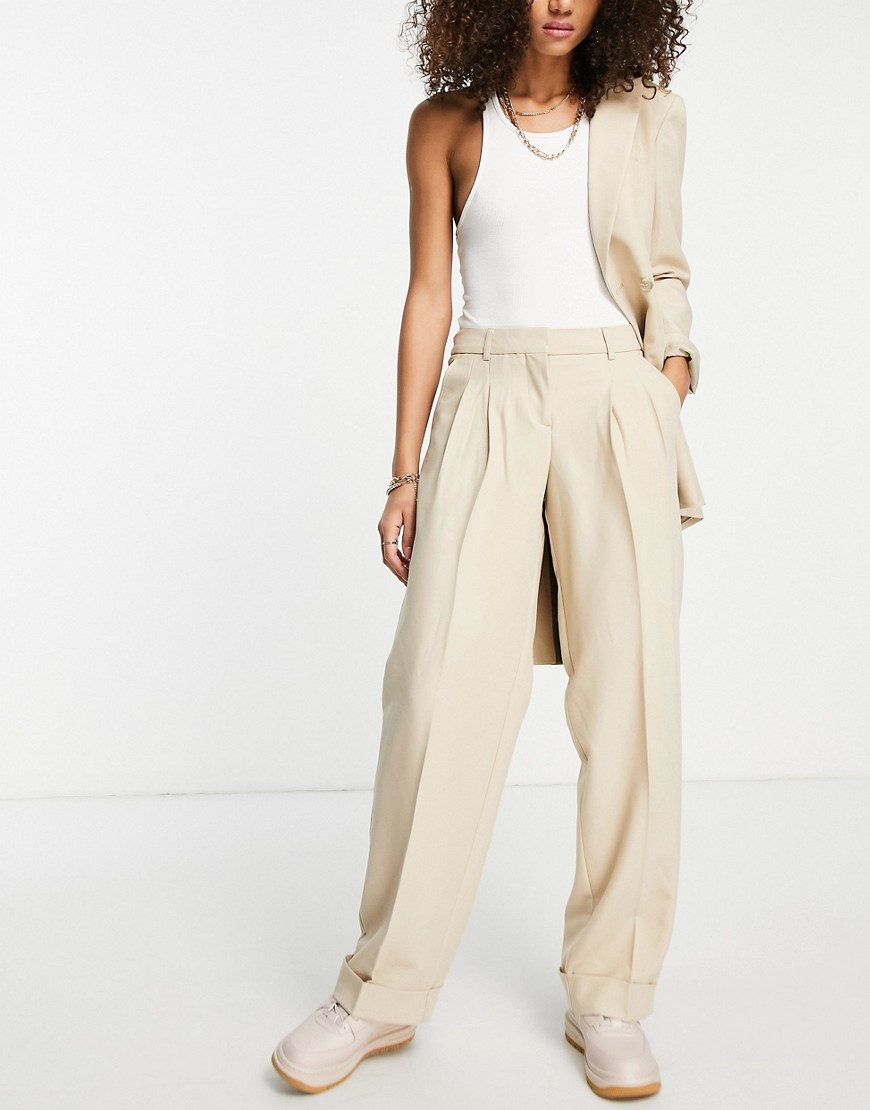 JJXX Mary tailored wide leg dad trousers in oatmeal-Neutral