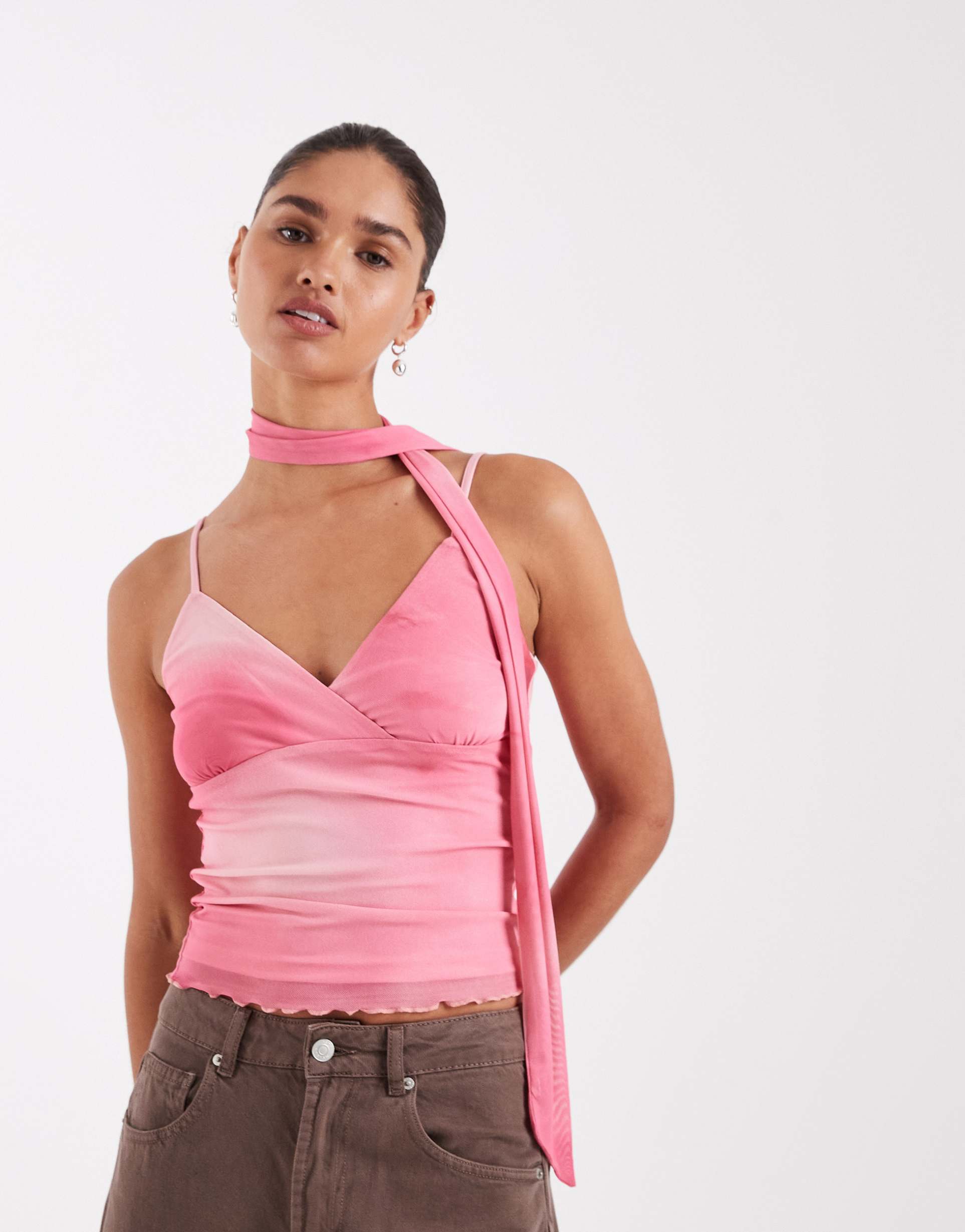 jjxx mesh cami floral top with scarf in pink