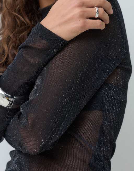 JJXX mesh glitter heigh neck top in black, 5 of 5