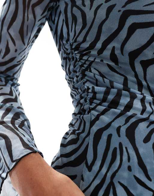 JJXX mesh long sleeve dress in blue zebra print | ASOS