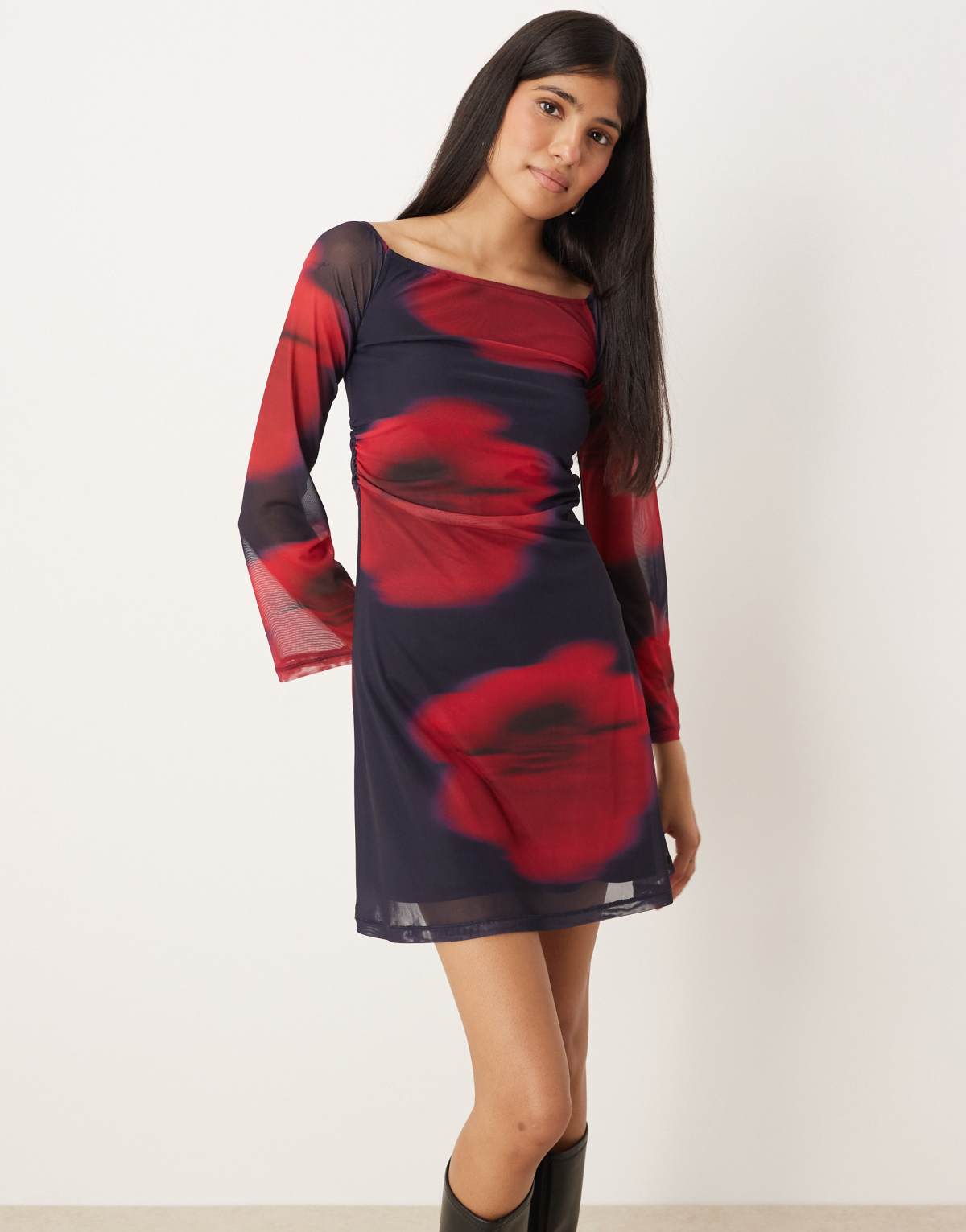 JJXX mesh long sleeve dress with floral print in navy
