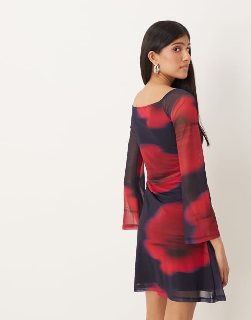 JJXX mesh long sleeve dress with floral print in navy