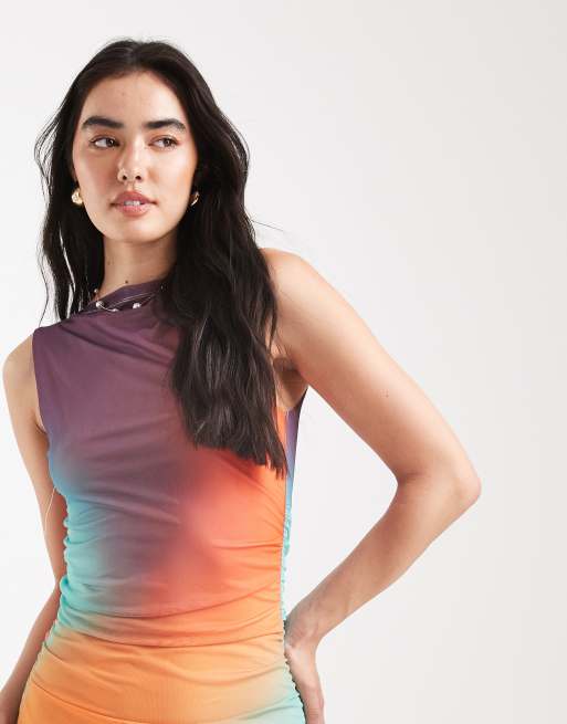 JJXX mesh long slit dress in orange blue sunset print, 3 of 4